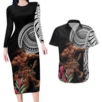 Samoan Warrior Art Tattoo Couples Matching Long Sleeve Bodycon Dress and Hawaiian Shirt Polynesian Pattern and Teuila LT03 Black - Polynesian Pride