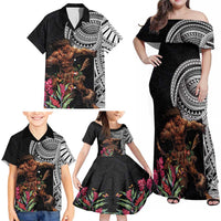 Samoan Warrior Art Tattoo Family Matching Off Shoulder Maxi Dress and Hawaiian Shirt Polynesian Pattern and Teuila LT03 - Polynesian Pride