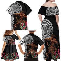 Samoan Warrior Art Tattoo Family Matching Off Shoulder Maxi Dress and Hawaiian Shirt Polynesian Pattern and Teuila LT03 - Polynesian Pride