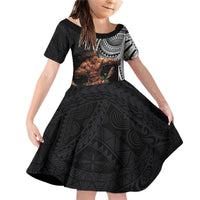Samoan Warrior Art Tattoo Family Matching Off Shoulder Short Dress and Hawaiian Shirt Polynesian Pattern and Teuila LT03 Daughter's Dress Black - Polynesian Pride