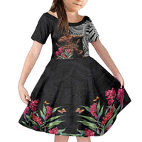 Samoan Warrior Art Tattoo Family Matching Short Sleeve Bodycon Dress and Hawaiian Shirt Polynesian Pattern and Teuila LT03 Daughter's Dress Black - Polynesian Pride