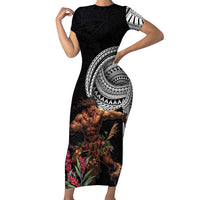 Samoan Warrior Art Tattoo Family Matching Short Sleeve Bodycon Dress and Hawaiian Shirt Polynesian Pattern and Teuila LT03 Mom's Dress Black - Polynesian Pride