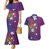 Hawaiian Octopus Tattoo and Frangipani Couples Matching Mermaid Dress and Hawaiian Shirt LT03 Purple - Polynesian Pride