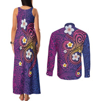 Hawaiian Octopus Tattoo and Frangipani Couples Matching Tank Maxi Dress and Long Sleeve Button Shirt