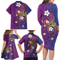 Hawaiian Octopus Tattoo and Frangipani Family Matching Long Sleeve Bodycon Dress and Hawaiian Shirt