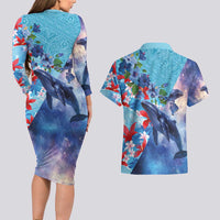 Hawaii Aloha Whales Couples Matching Long Sleeve Bodycon Dress and Hawaiian Shirt Hibiscus and Whales with Polynesian Pattern LT03 - Polynesian Pride