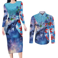 Hawaii Aloha Whales Couples Matching Long Sleeve Bodycon Dress and Long Sleeve Button Shirt Hibiscus and Whales with Polynesian Pattern LT03 Blue - Polynesian Pride