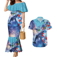 Hawaii Aloha Whales Couples Matching Mermaid Dress and Hawaiian Shirt Hibiscus and Whales with Polynesian Pattern LT03 Blue - Polynesian Pride