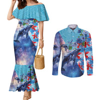 Hawaii Aloha Whales Couples Matching Mermaid Dress and Long Sleeve Button Shirt Hibiscus and Whales with Polynesian Pattern LT03 Blue - Polynesian Pride