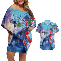 Hawaii Aloha Whales Couples Matching Off Shoulder Short Dress and Hawaiian Shirt Hibiscus and Whales with Polynesian Pattern LT03 Blue - Polynesian Pride