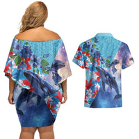 Hawaii Aloha Whales Couples Matching Off Shoulder Short Dress and Hawaiian Shirt Hibiscus and Whales with Polynesian Pattern LT03 - Polynesian Pride