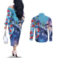 Hawaii Aloha Whales Couples Matching Off The Shoulder Long Sleeve Dress and Long Sleeve Button Shirt Hibiscus and Whales with Polynesian Pattern LT03 - Polynesian Pride