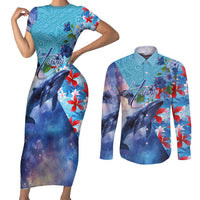 Hawaii Aloha Whales Couples Matching Short Sleeve Bodycon Dress and Long Sleeve Button Shirt Hibiscus and Whales with Polynesian Pattern LT03 Blue - Polynesian Pride