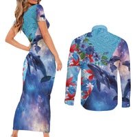 Hawaii Aloha Whales Couples Matching Short Sleeve Bodycon Dress and Long Sleeve Button Shirt Hibiscus and Whales with Polynesian Pattern LT03 - Polynesian Pride