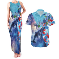 Hawaii Aloha Whales Couples Matching Tank Maxi Dress and Hawaiian Shirt Hibiscus and Whales with Polynesian Pattern LT03 Blue - Polynesian Pride