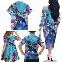 Hawaii Aloha Whales Family Matching Off The Shoulder Long Sleeve Dress and Hawaiian Shirt Hibiscus and Whales with Polynesian Pattern LT03 - Polynesian Pride