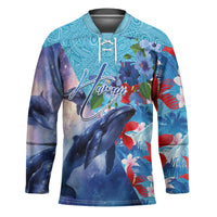 Hawaii Aloha Whales Hockey Jersey Hibiscus and Whales with Polynesian Pattern - Polynesian Pride