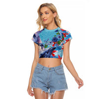 Hawaii Aloha Whales Raglan Cropped T Shirt Hibiscus and Whales with Polynesian Pattern - Polynesian Pride