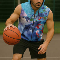 Hawaii Aloha Whales Sleeveless Zip Hoodie Hibiscus and Whales with Polynesian Pattern - Polynesian Pride