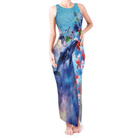 Hawaii Aloha Whales Tank Maxi Dress Hibiscus and Whales with Polynesian Pattern - Polynesian Pride