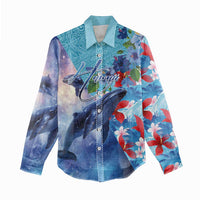 Hawaii Aloha Whales Women Casual Shirt Hibiscus and Whales with Polynesian Pattern - Polynesian Pride