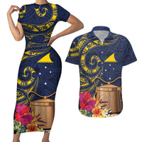 Tokelau Tokehega Day Couples Matching Short Sleeve Bodycon Dress and Hawaiian Shirt Coat of Arms with Polynesian Tattoo and Hibiscus LT03 Blue - Polynesian Pride