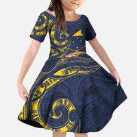Tokelau Tokehega Day Family Matching Mermaid Dress and Hawaiian Shirt Coat of Arms with Polynesian Tattoo and Hibiscus LT03 Daughter's Dress Blue - Polynesian Pride