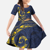Tokelau Tokehega Day Family Matching Off Shoulder Maxi Dress and Hawaiian Shirt Coat of Arms with Polynesian Tattoo and Hibiscus LT03 Daughter's Dress Blue - Polynesian Pride