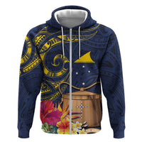 Tokelau Tokehega Day Hoodie Coat of Arms with Polynesian Tattoo and Hibiscus LT03 Zip Hoodie Blue - Polynesian Pride