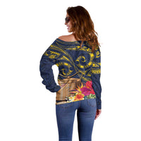 Tokelau Tokehega Day Off Shoulder Sweater Coat of Arms with Polynesian Tattoo and Hibiscus LT03 - Polynesian Pride