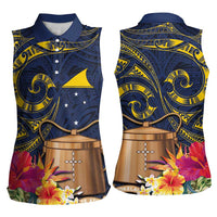 Tokelau Tokehega Day Women Sleeveless Polo Shirt Coat of Arms with Polynesian Tattoo and Hibiscus