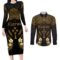 Personalised Kosrae Liberation Day Couples Matching Long Sleeve Bodycon Dress and Long Sleeve Button Shirt Polynesian Tattoo and Plumeria Gold Color LT03 Gold - Polynesian Pride