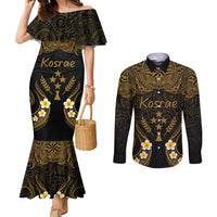 Personalised Kosrae Liberation Day Couples Matching Mermaid Dress and Long Sleeve Button Shirt Polynesian Tattoo and Plumeria Gold Color LT03 Gold - Polynesian Pride
