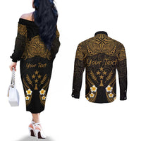 Personalised Kosrae Liberation Day Couples Matching Off The Shoulder Long Sleeve Dress and Long Sleeve Button Shirt Polynesian Tattoo and Plumeria Gold Color LT03 - Polynesian Pride