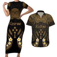 Personalised Kosrae Liberation Day Couples Matching Short Sleeve Bodycon Dress and Hawaiian Shirt Polynesian Tattoo and Plumeria Gold Color LT03 Gold - Polynesian Pride