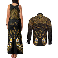 Personalised Kosrae Liberation Day Couples Matching Tank Maxi Dress and Long Sleeve Button Shirt Polynesian Tattoo and Plumeria Gold Color LT03 - Polynesian Pride
