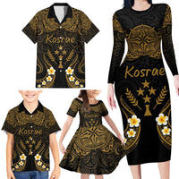 Personalised Kosrae Liberation Day Family Matching Long Sleeve Bodycon Dress and Hawaiian Shirt Polynesian Tattoo and Plumeria Gold Color LT03 - Polynesian Pride