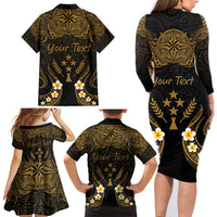Personalised Kosrae Liberation Day Family Matching Long Sleeve Bodycon Dress and Hawaiian Shirt Polynesian Tattoo and Plumeria Gold Color LT03 - Polynesian Pride