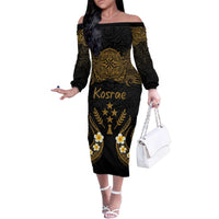 Personalised Kosrae Liberation Day Family Matching Off The Shoulder Long Sleeve Dress and Hawaiian Shirt Polynesian Tattoo and Plumeria Gold Color LT03 Mom's Dress Gold - Polynesian Pride