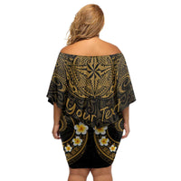 Personalised Kosrae Liberation Day Family Matching Off Shoulder Short Dress and Hawaiian Shirt Polynesian Tattoo and Plumeria Gold Color LT03 - Polynesian Pride
