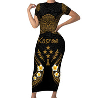 Personalised Kosrae Liberation Day Family Matching Short Sleeve Bodycon Dress and Hawaiian Shirt Polynesian Tattoo and Plumeria Gold Color LT03 Mom's Dress Gold - Polynesian Pride
