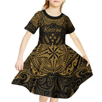 Personalised Kosrae Liberation Day Kid Short Sleeve Dress Polynesian Tattoo and Plumeria Gold Color LT03 - Polynesian Pride