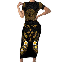 Personalised Kosrae Liberation Day Short Sleeve Bodycon Dress Polynesian Tattoo and Plumeria Gold Color LT03 Long Dress Gold - Polynesian Pride
