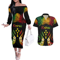 Personalised Kosrae Liberation Day Couples Matching Off The Shoulder Long Sleeve Dress and Hawaiian Shirt Polynesian Tattoo and Plumeria Reggae Color LT03 Reggae - Polynesian Pride