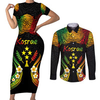 Personalised Kosrae Liberation Day Couples Matching Short Sleeve Bodycon Dress and Long Sleeve Button Shirt Polynesian Tattoo and Plumeria Reggae Color LT03 Reggae - Polynesian Pride