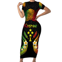 Personalised Kosrae Liberation Day Short Sleeve Bodycon Dress Polynesian Tattoo and Plumeria Reggae Color LT03 Long Dress Reggae - Polynesian Pride