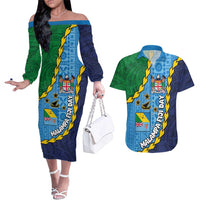 Malampa Fiji Day Couples Matching Off The Shoulder Long Sleeve Dress and Hawaiian Shirt National Symbols with Tapa Tribal and Polynesian Tattoo LT03 Blue - Polynesian Pride