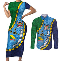 Malampa Fiji Day Couples Matching Short Sleeve Bodycon Dress and Long Sleeve Button Shirt National Symbols with Tapa Tribal and Polynesian Tattoo LT03 Blue - Polynesian Pride