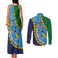 Malampa Fiji Day Couples Matching Tank Maxi Dress and Long Sleeve Button Shirt National Symbols with Tapa Tribal and Polynesian Tattoo LT03 - Polynesian Pride