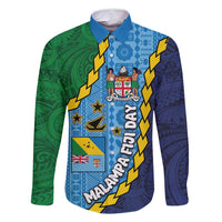 Malampa Fiji Day Family Matching Off Shoulder Maxi Dress and Hawaiian Shirt National Symbols with Tapa Tribal and Polynesian Tattoo LT03 Dad's Shirt - Long Sleeve Blue - Polynesian Pride